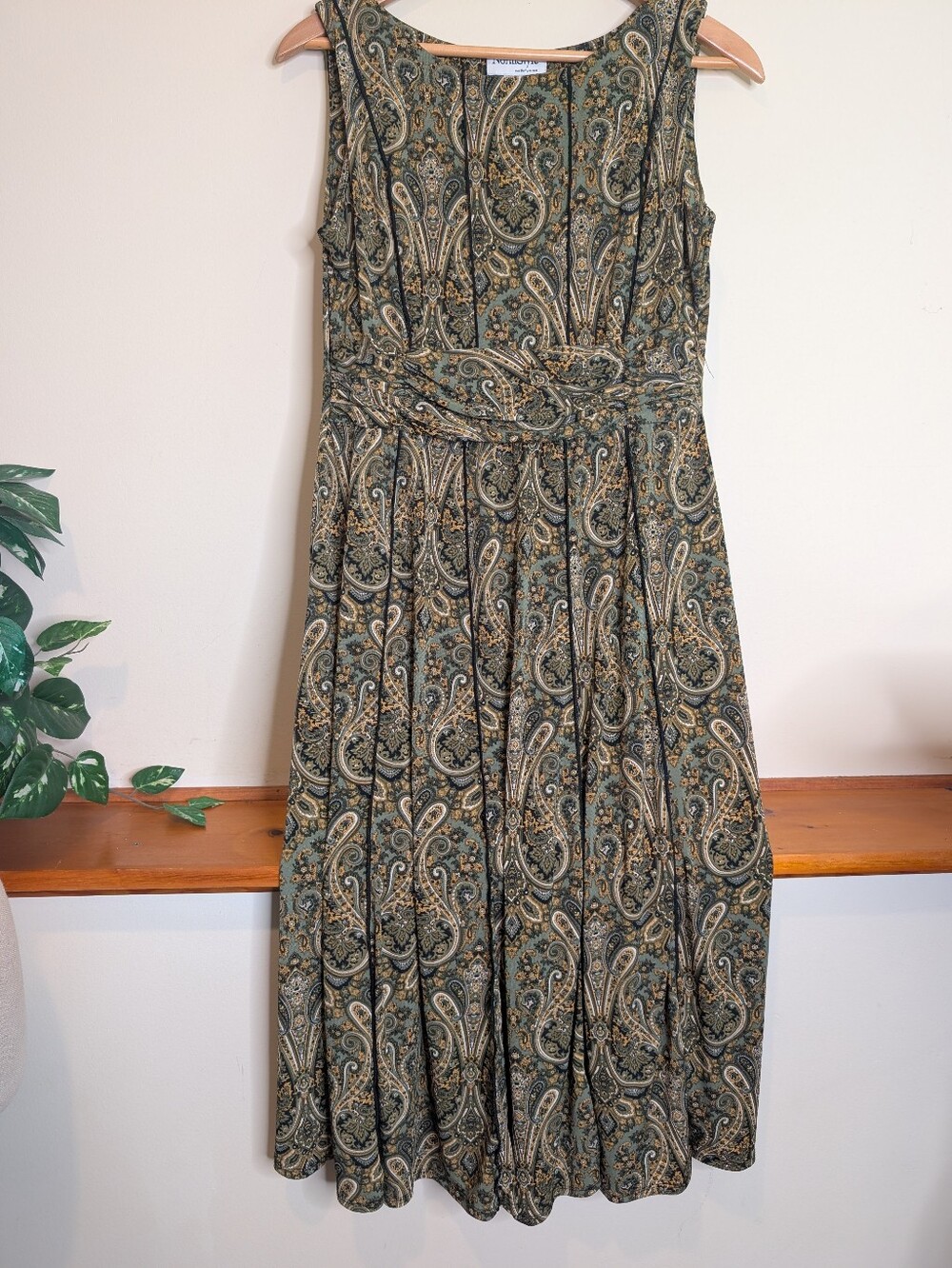 NorthStyle Olive Paisley Midi Dress with Tan Accents Size 12